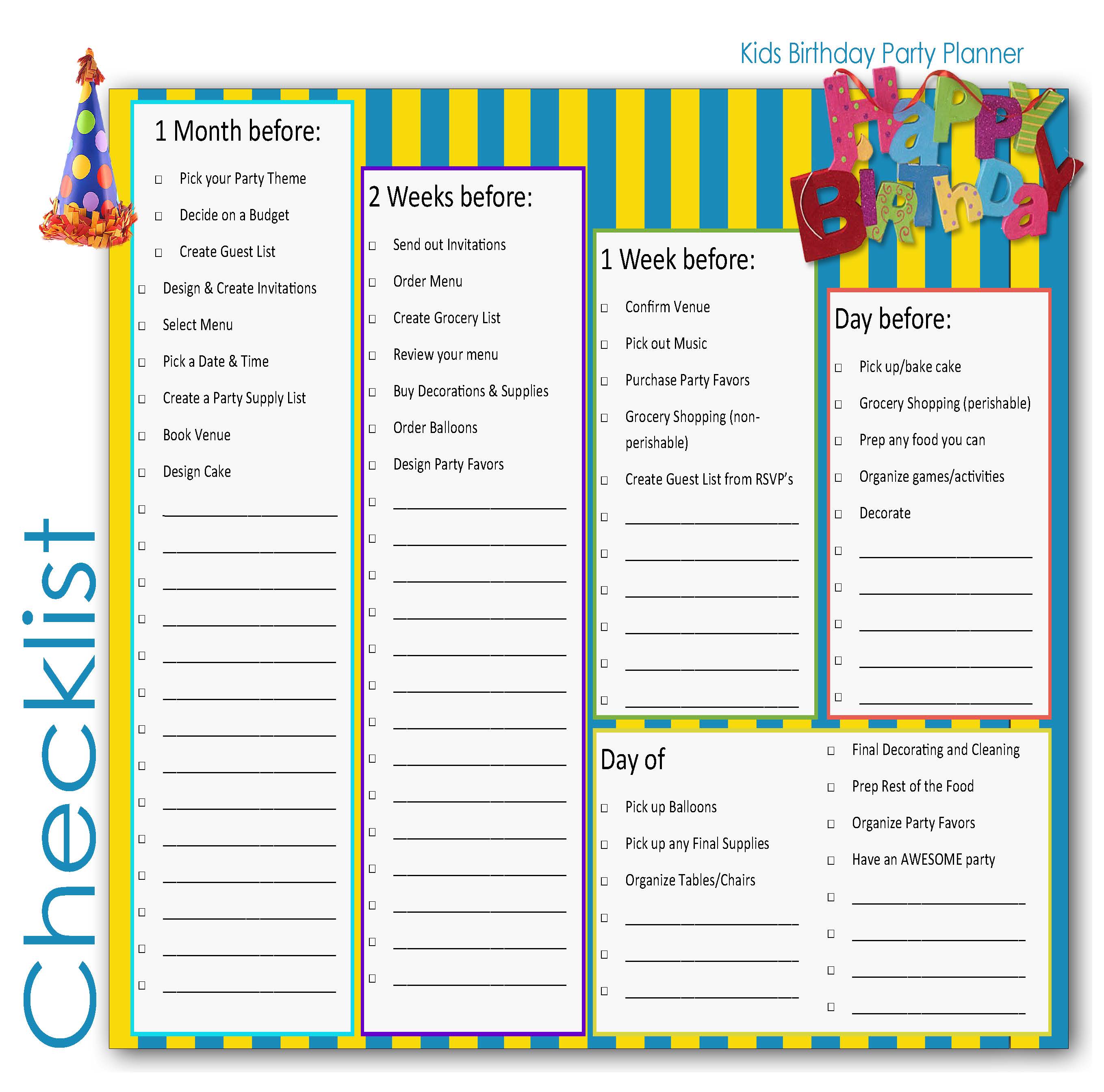 Kids birthday party checklist  Birthday party checklist, Party planning  checklist, Toddler birthday party